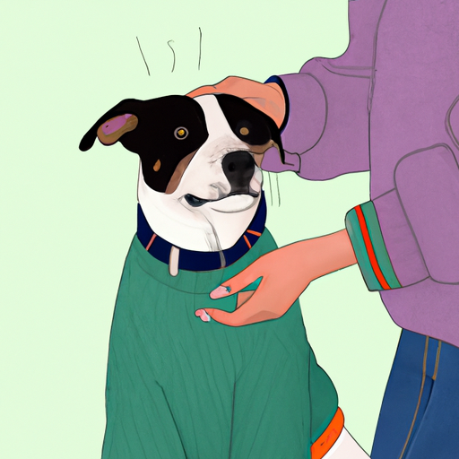 בעל כלב שם בעדינות סוודר על הכלב שלו, מדגים את תהליך קבלת הכלב נוח בבגדים