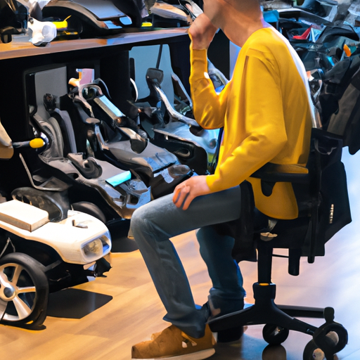 אדם המתבונן בדגמי כסאות גלגלים חשמליים שונים בחנות
