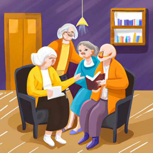 1. תמונה של קבוצת קשישים צוחקים ומפטפטים במועדון ספרים.